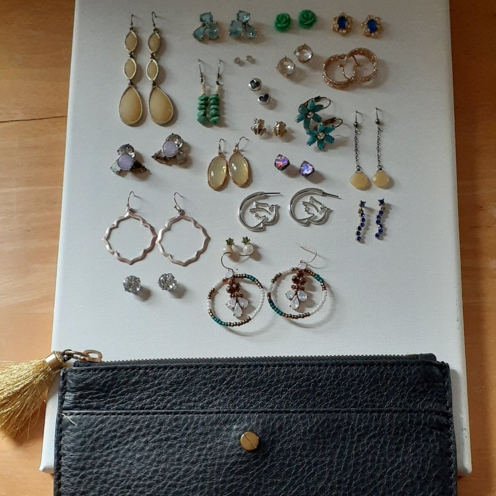 Lot Pierced earrings J. Crew, Avon, etc. with J. Crew Leather Zippered Pouch